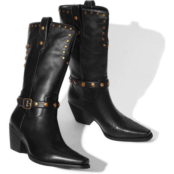 🆕Womens Black Faux Leather Mid Calf Square Toe Block Chunky Heel Studded Boots - Picture 7 of 13
